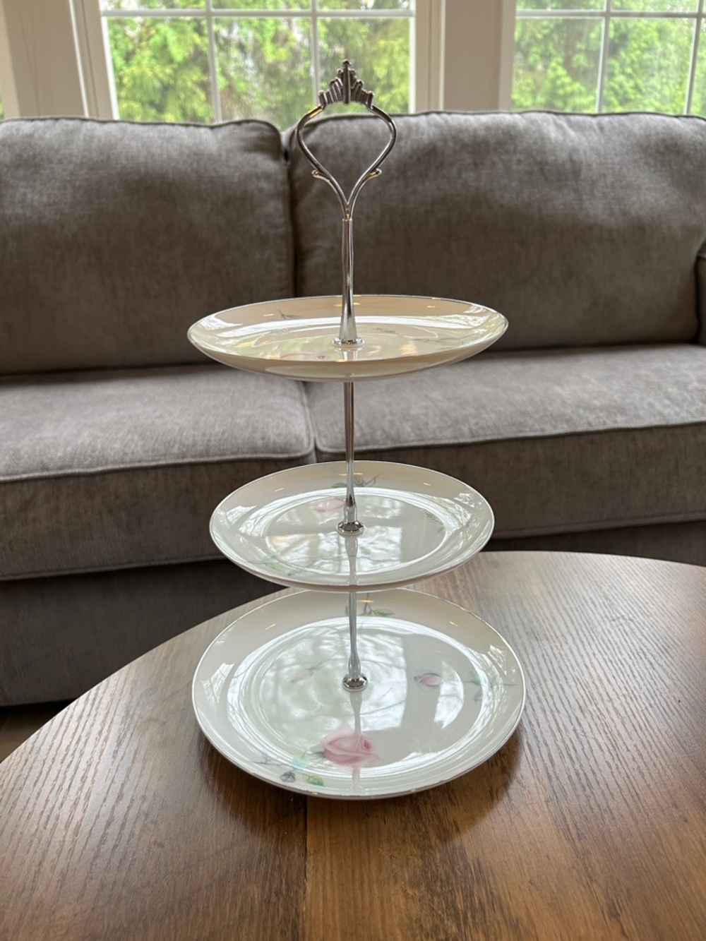 Three-Tier White Floral China Serving or Jewelry Stand
